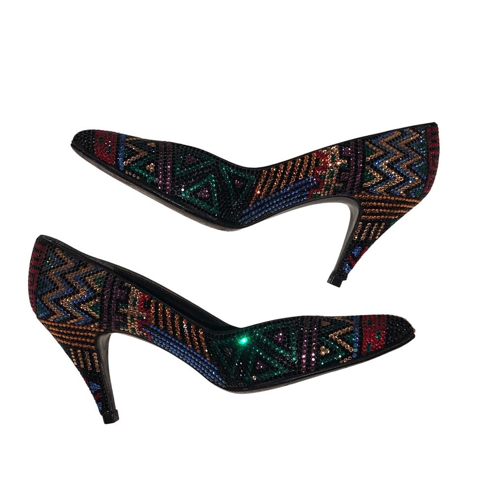 Vintage Stuart Weitzman Vinnie Rhinestone Aztec Geometric Pumps Black Size 5.5